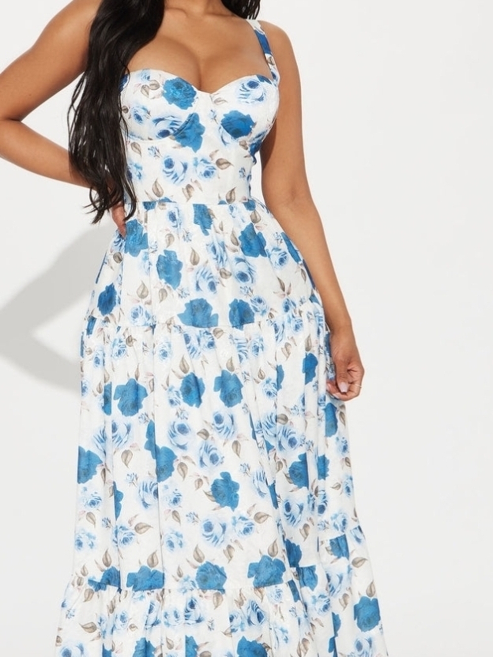 Fashion Nova White and Blue Floral Midi Dress